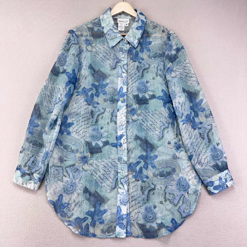 Vintage 90s Y2K Semi Sheer Blouse Womens M Blue Floral Button Up Artsy Lagenlook